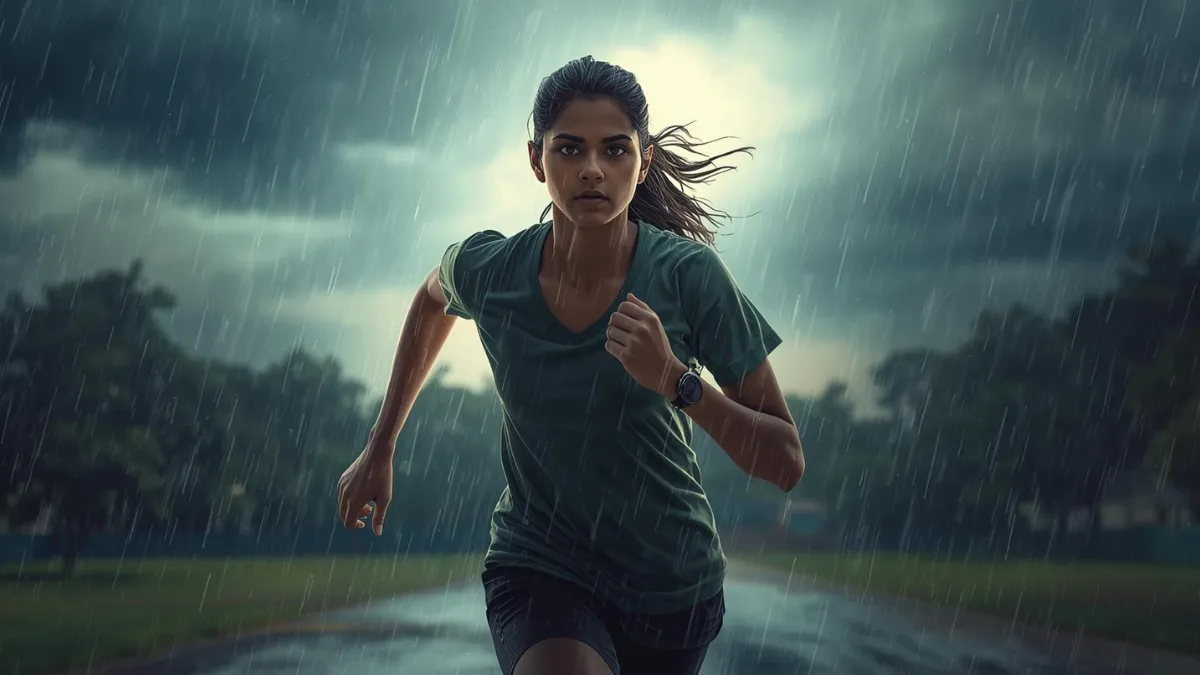 Student running alone in light rain on school ground